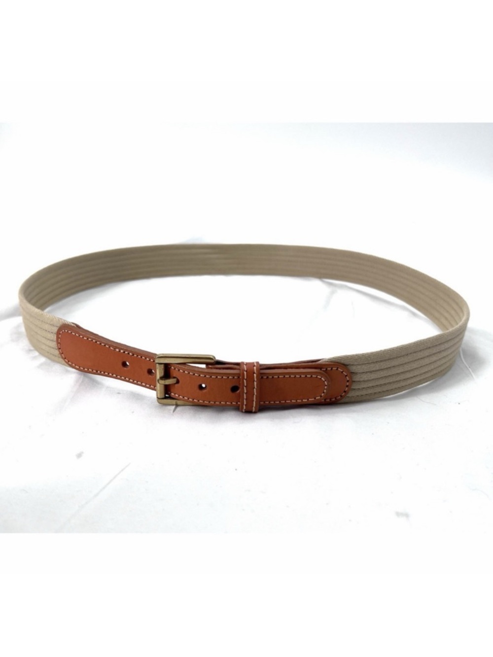 Ribbed Tan Cotton Canvas with Leather Trim Belt & Brass Buckle Mens 34